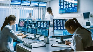 Hospital workers using computers