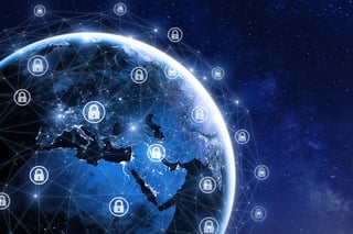Globe orbited by digital locks