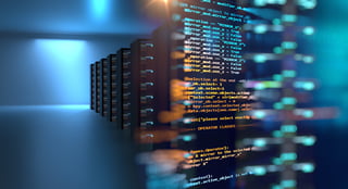 Code superimposed over row of servers