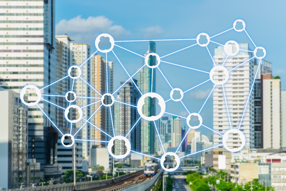 Network nodes superimposed over cityscape
